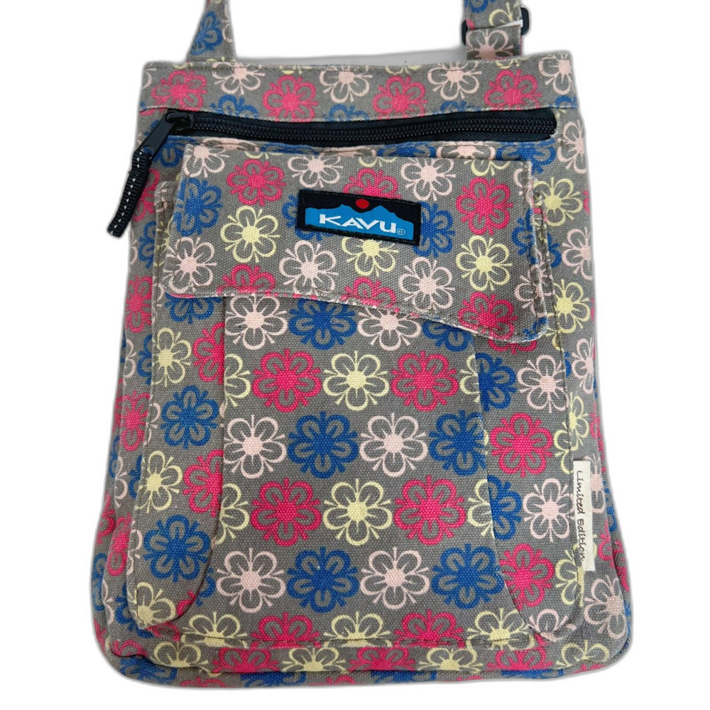 Kavu Limited Edition Keeper Cotton Canvas Taupe Pink Blue Floral Crossbody Bag - Picture 2 of 6